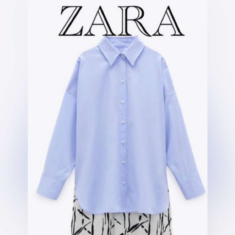 Zara Women’s Blue Contrast Print Long Sleeve Button Up Shirt
